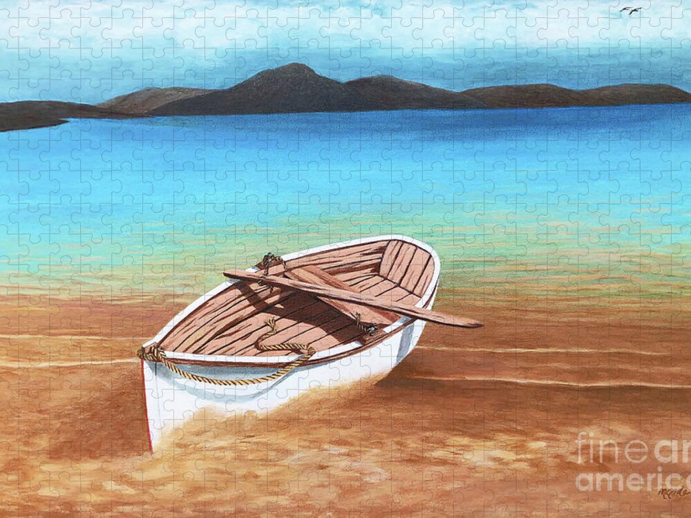 Boats In The Sand Jigsaw Puzzle featuring the painting TAKING A BOW IN SANTORINI- Prints of Oil Painting by Mary Grden