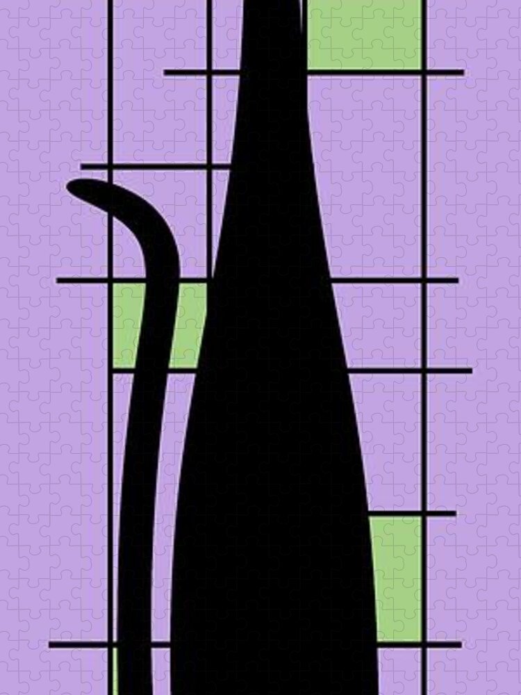 Mid Century Modern Cat Jigsaw Puzzle featuring the digital art Tall Mondrian Cat on Purple by Donna Mibus