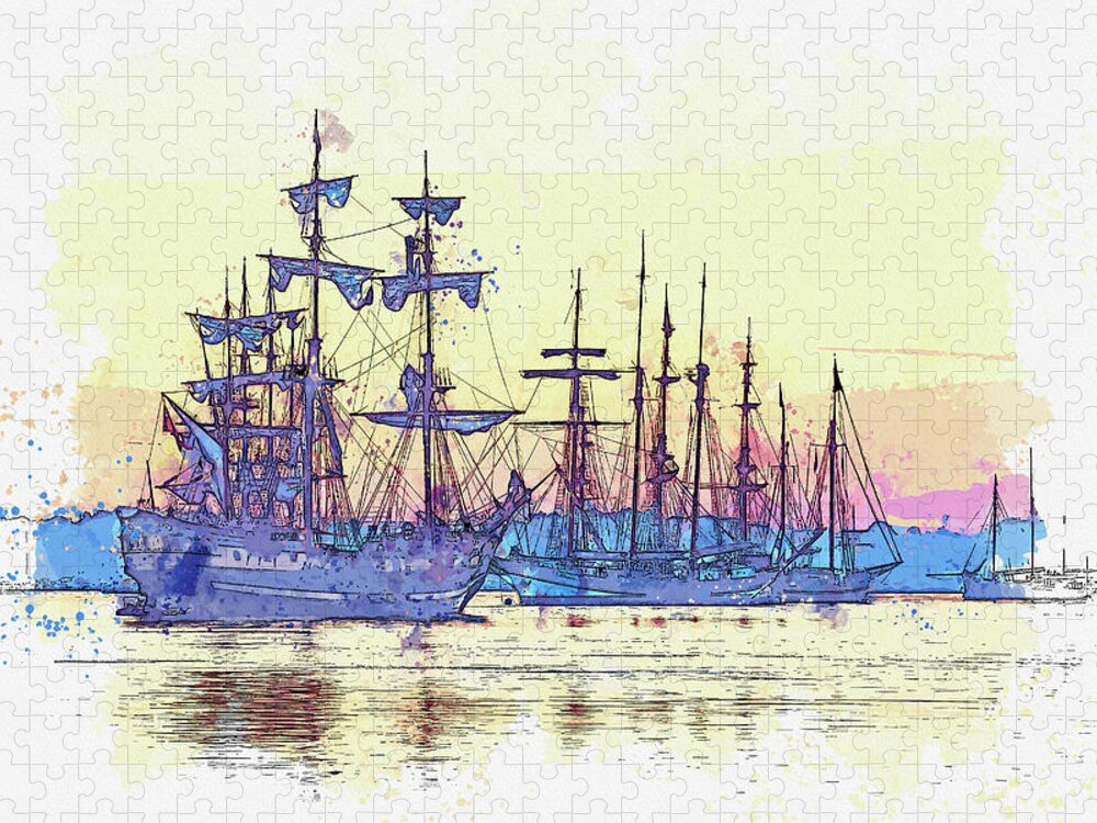 Sea Jigsaw Puzzle featuring the painting Tall Sail ship 3, ca 2021 by Ahmet Asar, Asar Studios by Celestial Images