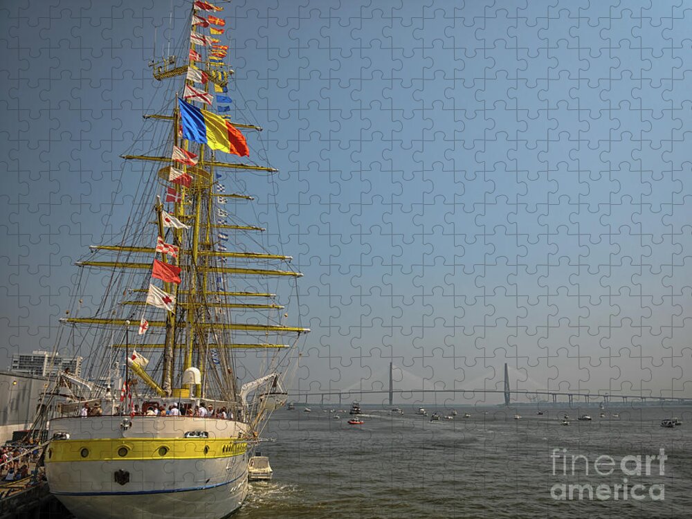 Tall Ship Jigsaw Puzzle featuring the photograph Tall Ship Docked in Charleston South Carolina - Cooper River Bridge by Dale Powell