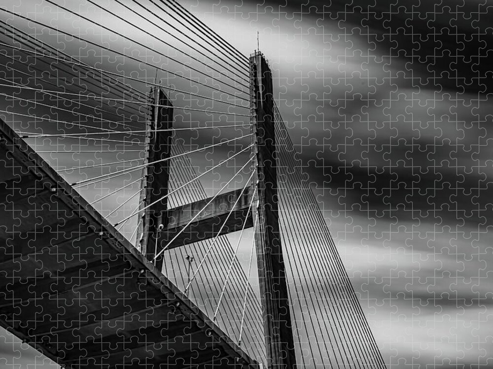 Savannah Jigsaw Puzzle featuring the photograph Talmadge Bridge Black and White by Kenny Thomas