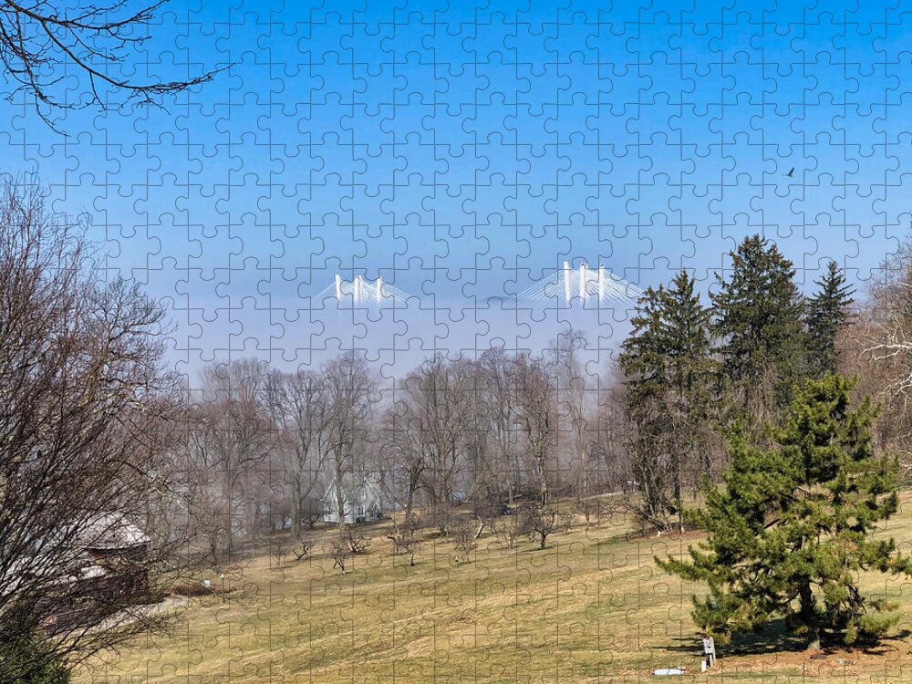 Sky Jigsaw Puzzle featuring the photograph Tappan Zee Bridge Fog and Eagle by Russ Considine