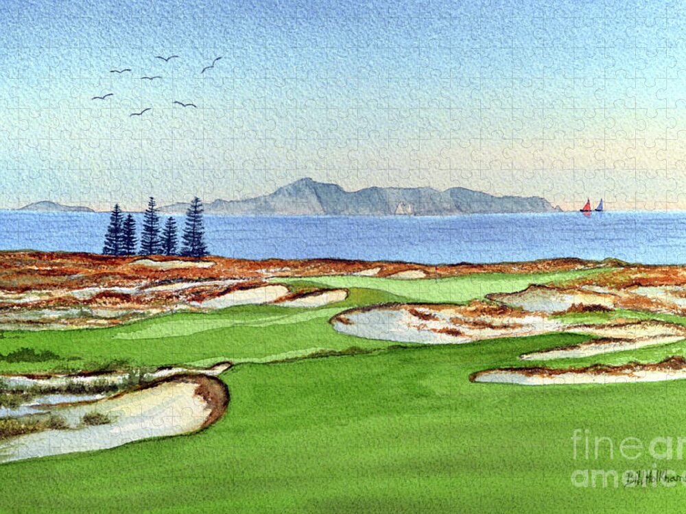 Tara Iti Golf Course Jigsaw Puzzle featuring the painting Tara Iti Golf Course New Zealand 17th Hole by Bill Holkham
