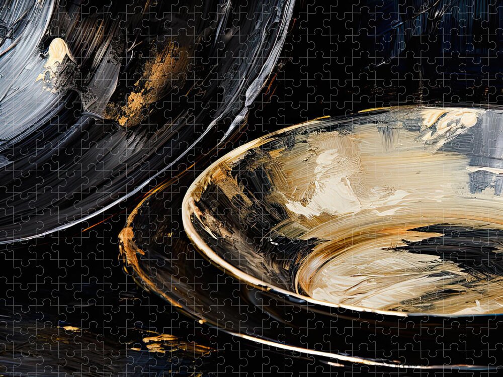 Black And Gold Art Jigsaw Puzzle featuring the painting Tasteful Expressions - Black and Gold Dinnerware Sets by Lourry Legarde