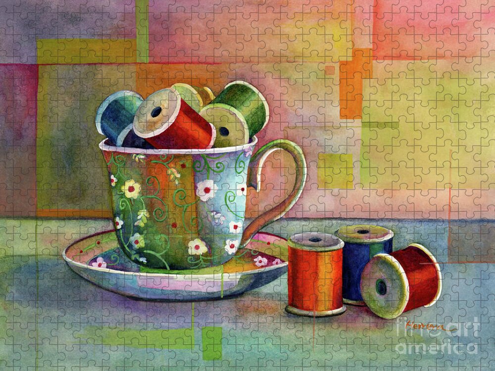 Teacup Jigsaw Puzzle featuring the painting Teacup and Spools by Hailey E Herrera