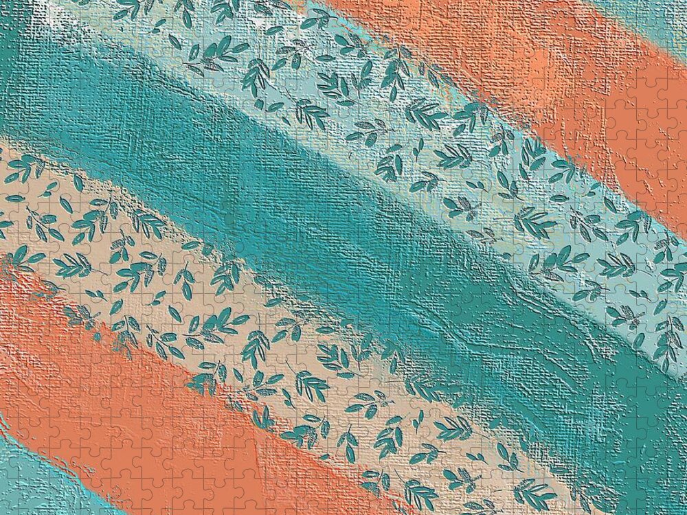 Pattern Jigsaw Puzzle featuring the digital art Teal and Peach Diagonal by Bonnie Bruno