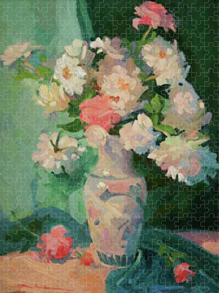 Still Life In Greens Puzzle featuring the painting Teal and Roses by Betty Jean Billups