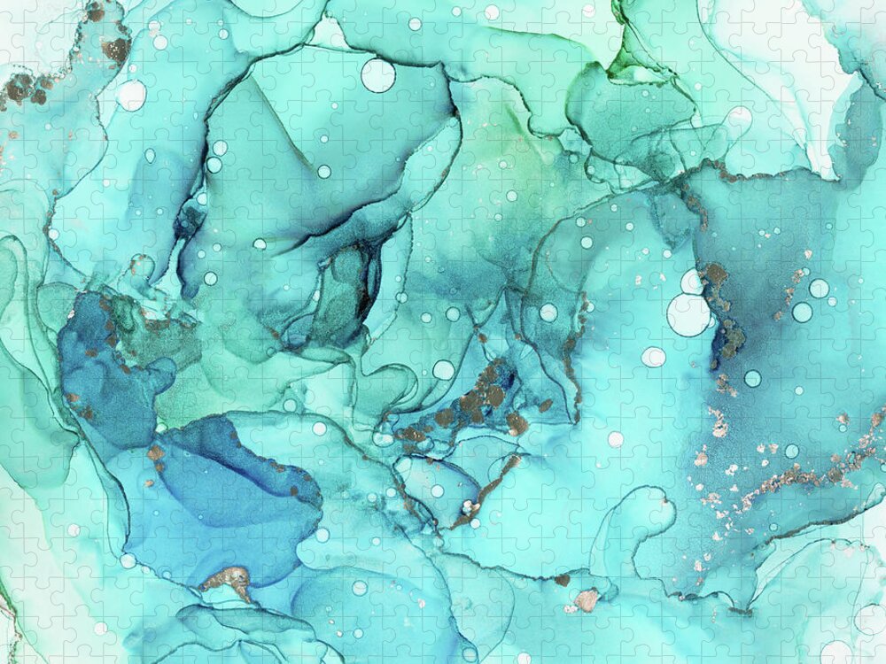 Ink Jigsaw Puzzle featuring the painting Teal Blue Chrome Abstract Ink by Olga Shvartsur