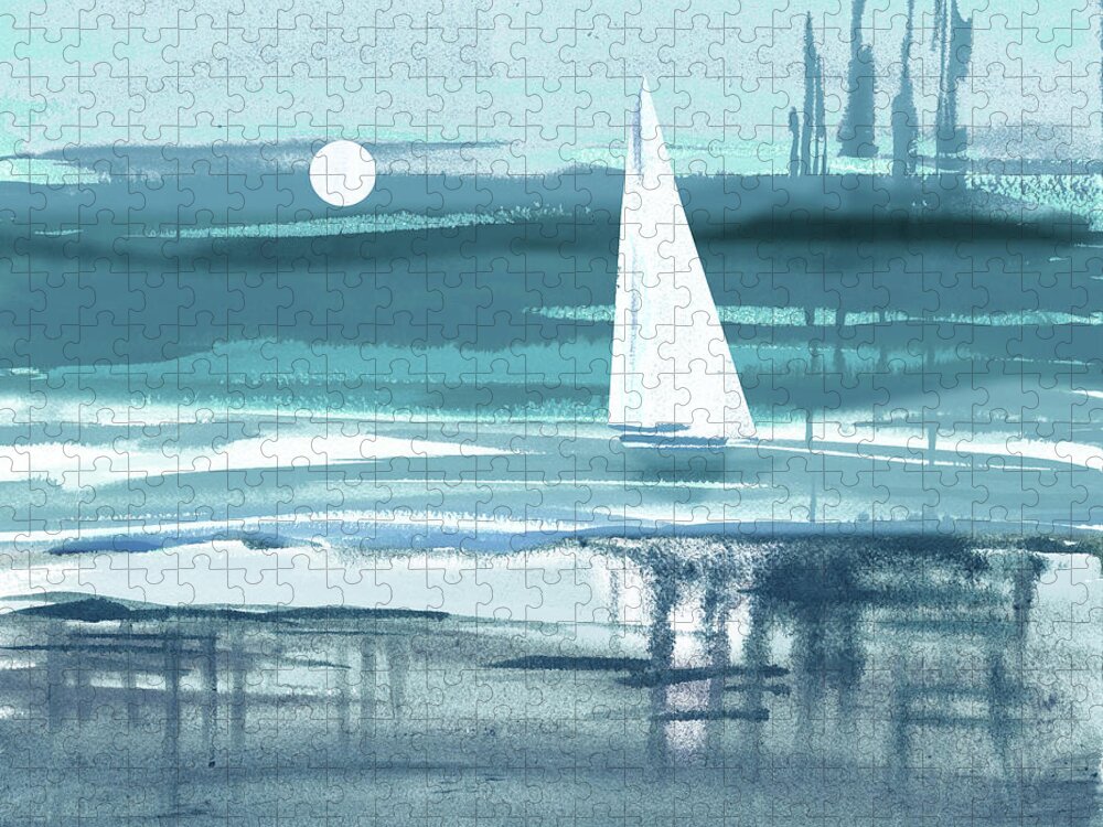 Sailboat Sea Jigsaw Puzzle featuring the painting Teal Blue Gray Sailboat At The Ocean Shore Seascape Painting Beach House Art II by Irina Sztukowski