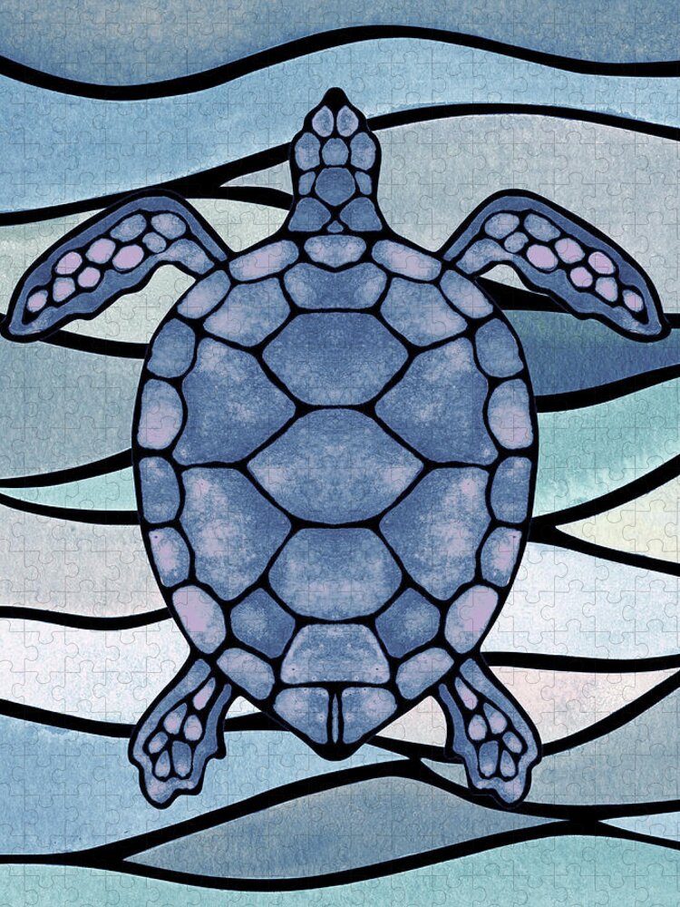 Turtle Jigsaw Puzzle featuring the painting Teal Blue Watercolor Tortoise Under The Sea Turtle Native Art Ocean Creature II by Irina Sztukowski