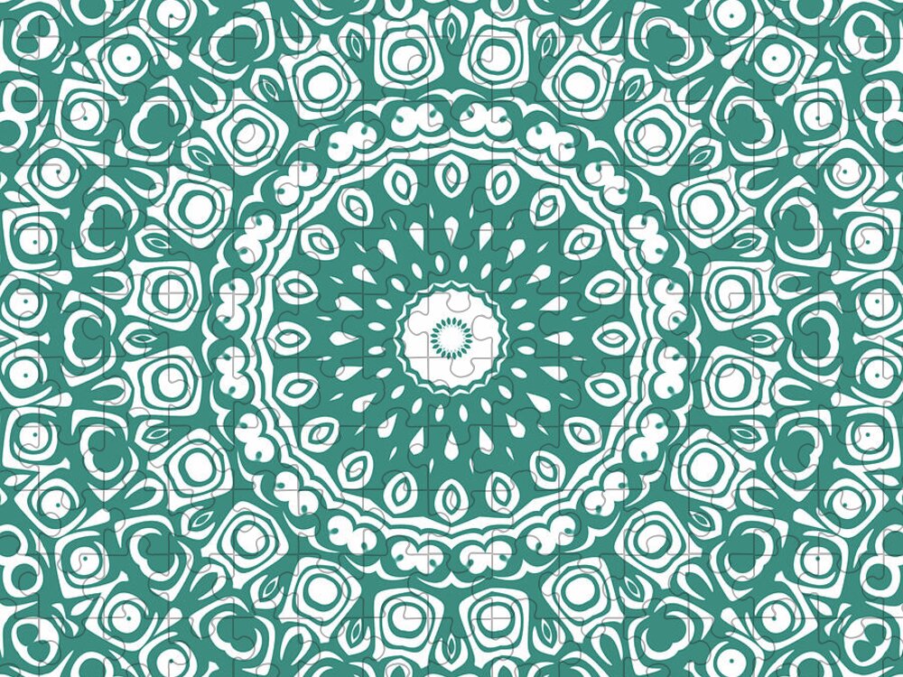Teal Jigsaw Puzzle featuring the digital art Teal on White Mandala Kaleidoscope Medallion by Mercury McCutcheon