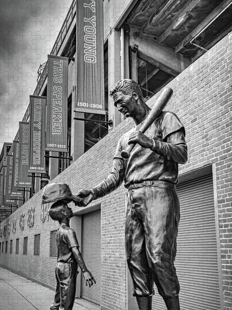 Boston Jigsaw Puzzle featuring the photograph Ted Williams Statue At Fenway Stadium - Black and White by Gregory Ballos