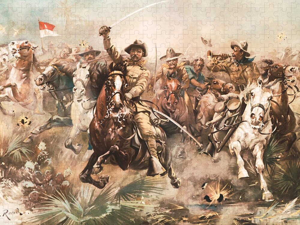 Rough Riders Jigsaw Puzzle featuring the painting Teddy Roosevelt and The Rough Riders Charging Into Battle by War Is Hell Store