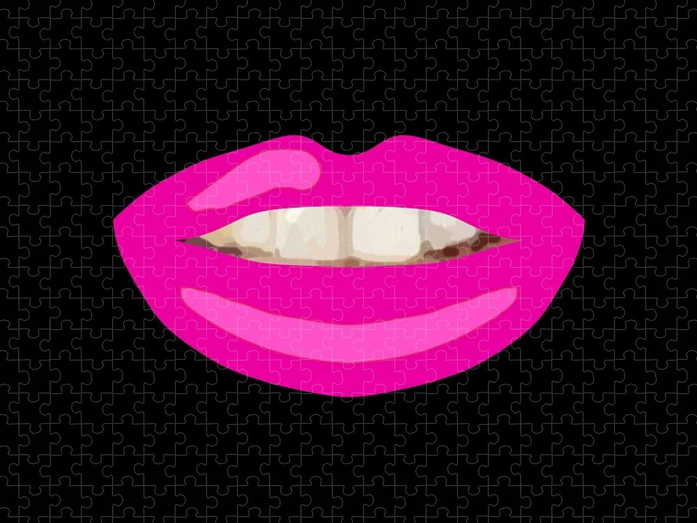 Lips Jigsaw Puzzle featuring the drawing Teeth Smile Hot Pink Lips Black BG Novelty Face Mask by Joan Stratton
