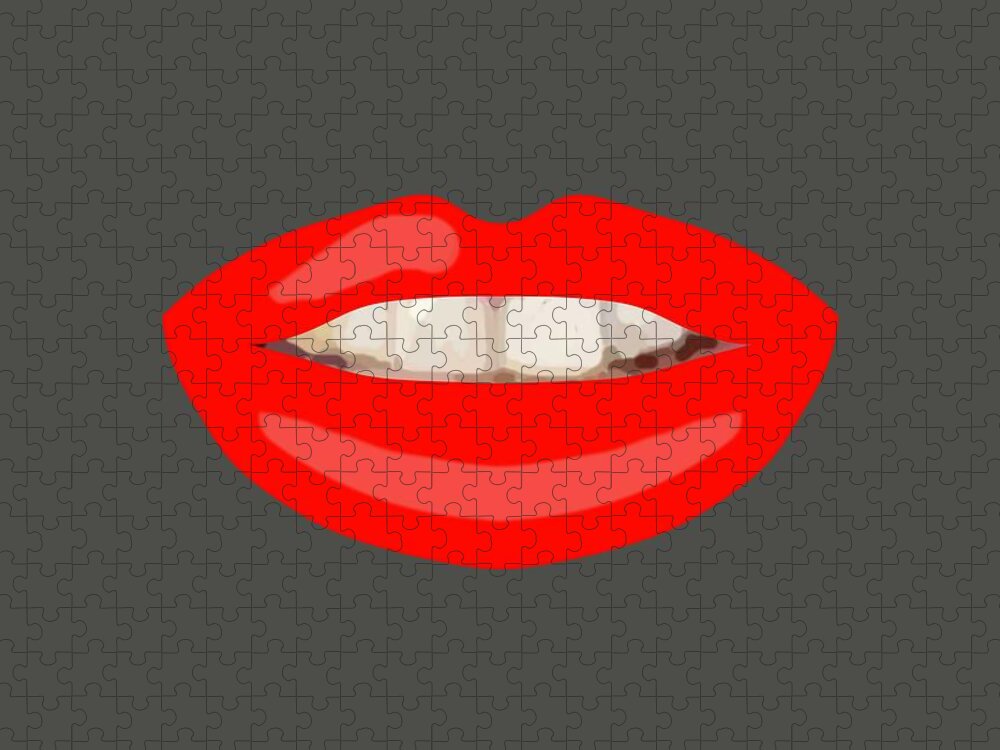 Lips Jigsaw Puzzle featuring the drawing Teeth Smile Red Lips Grey BG Novelty Face Mask by Joan Stratton