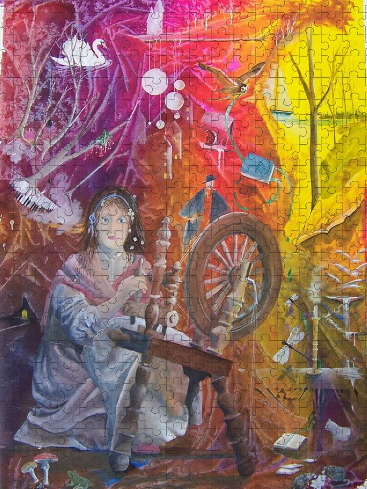 Spinning Wheel Jigsaw Puzzle featuring the painting Tessa - Spinner of Yarns by Jackie Mueller-Jones