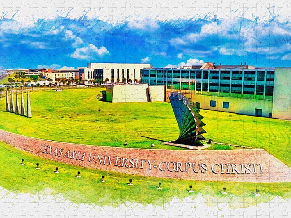 Texas A&m University-corpus Christi Jigsaw Puzzle featuring the digital art Texas AM University-Corpus Christi - watercolor painting by Nicko Prints