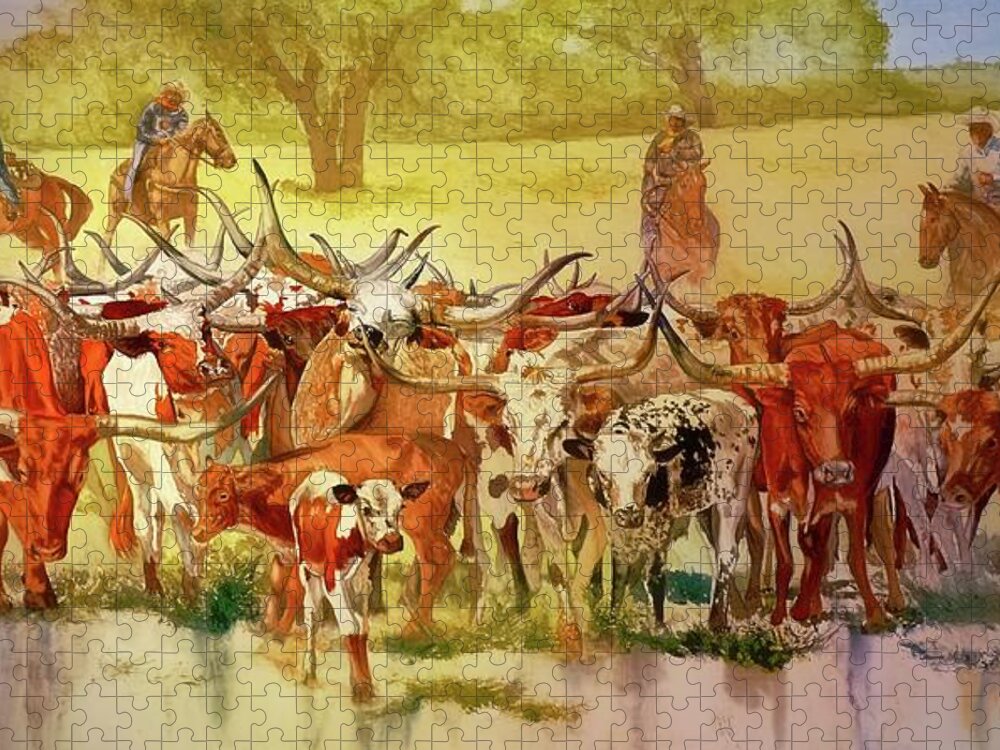 Longhorns Jigsaw Puzzle featuring the painting Texas Cattle Drive by Daniel Adams