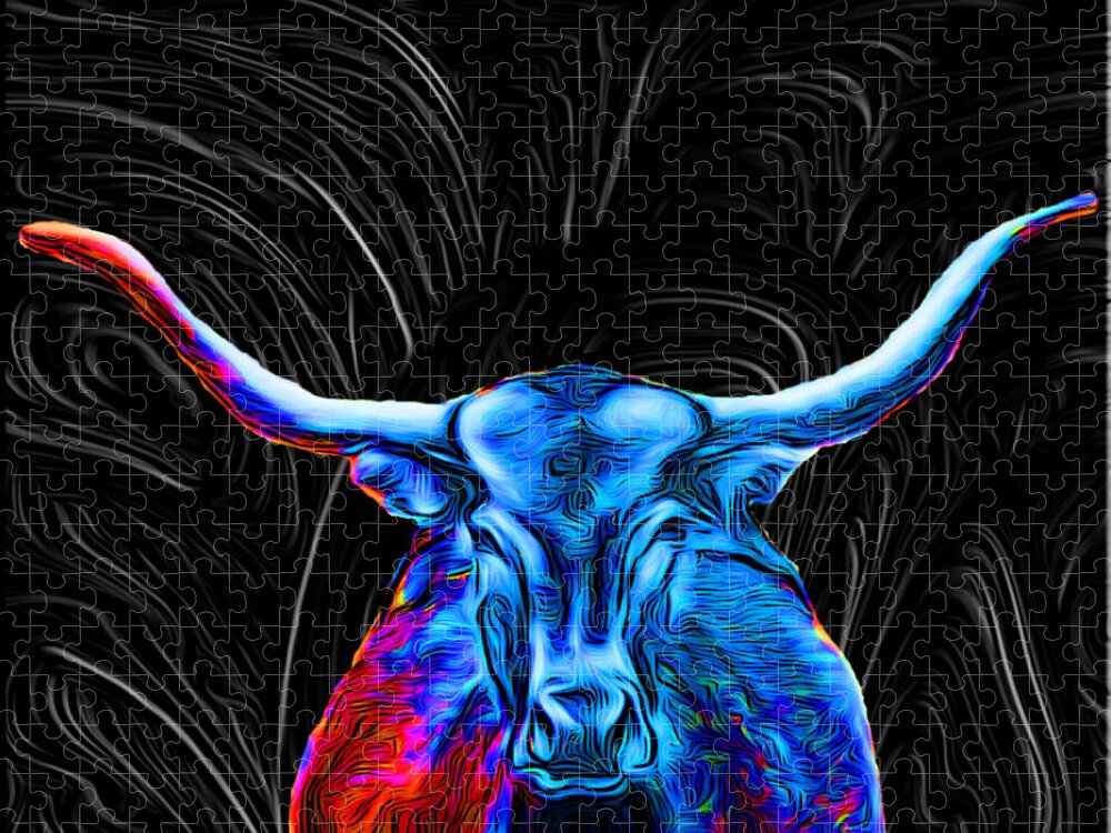 Abstract Jigsaw Puzzle featuring the digital art Texas Longhorn - Abstract by Ronald Mills