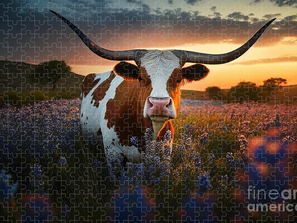 Longhorn Jigsaw Puzzle featuring the photograph Texas longhorn cow, bluebonnets at sunset by Delphimages Photo Creations