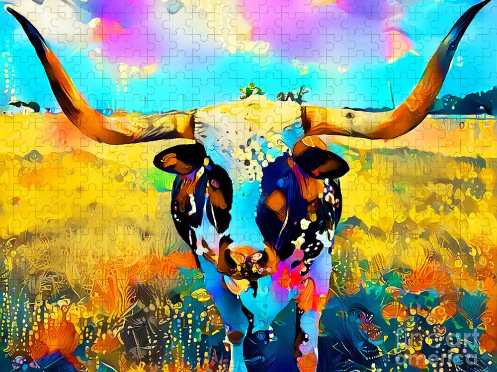 Wingsdomain Jigsaw Puzzle featuring the photograph Texas Longhorn in Vibrant Colors 20210726 by Wingsdomain Art and Photography