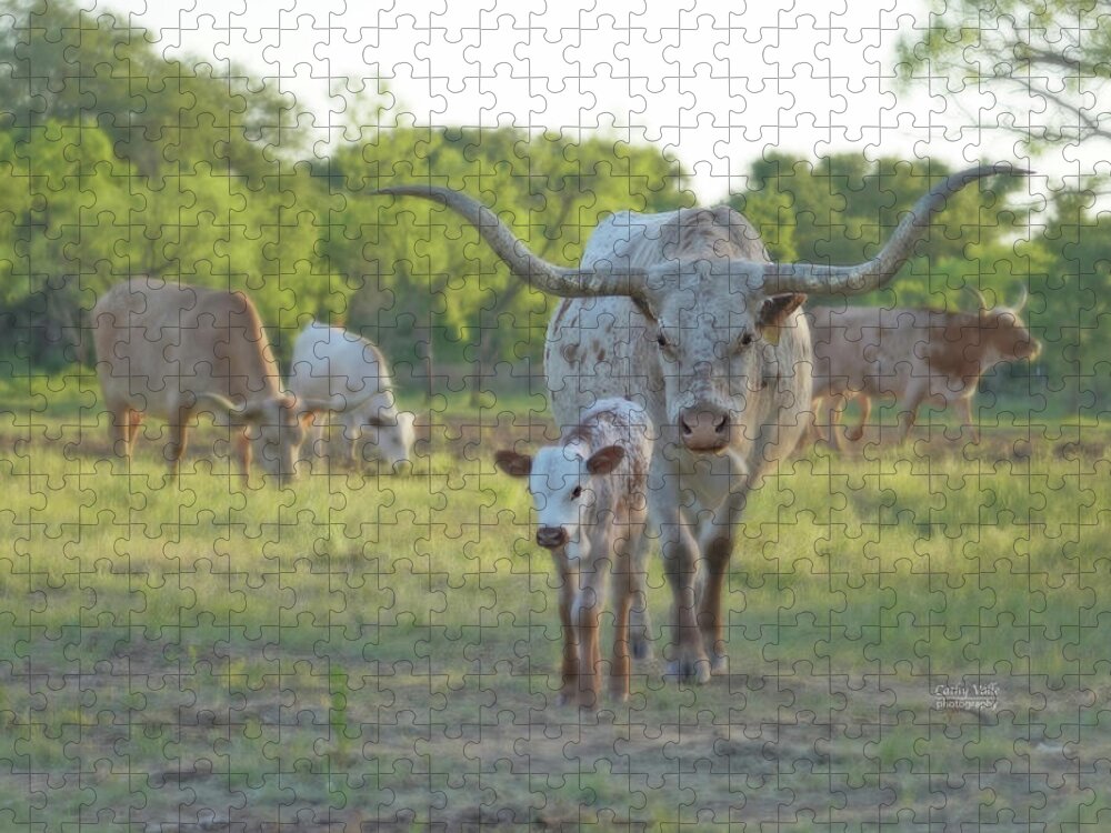 Texas Longhorns Wall Art Jigsaw Puzzle featuring the photograph Texas longhorn mother and child by Cathy Valle
