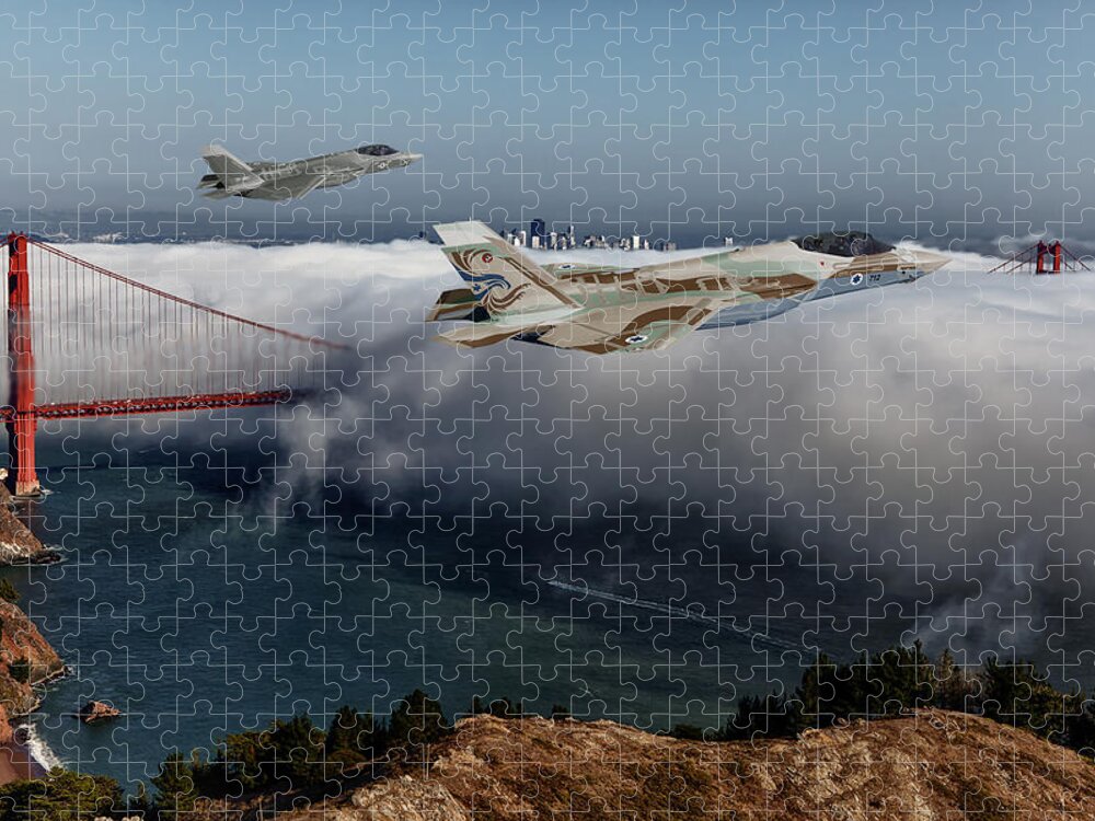 Lightning Jigsaw Puzzle featuring the digital art TF-35C and TF-35I over San Francisco by Custom Aviation Art