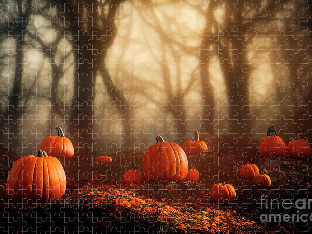 Pumpkin Jigsaw Puzzle featuring the photograph Thanksgiving and halloween pumpkins in dark forest by Jelena Jovanovic