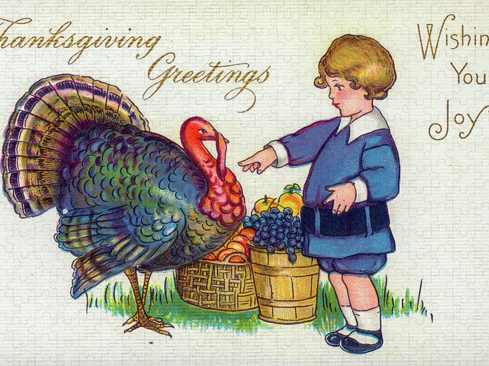 Thanksgiving Jigsaw Puzzle featuring the drawing Thanksgiving Greetings. Wishing You Joy by Missouri History Museum