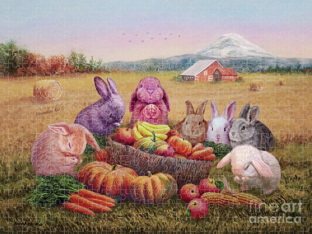 Bunny Jigsaw Puzzle featuring the painting Thanksgiving Prayers by Yoonhee Ko
