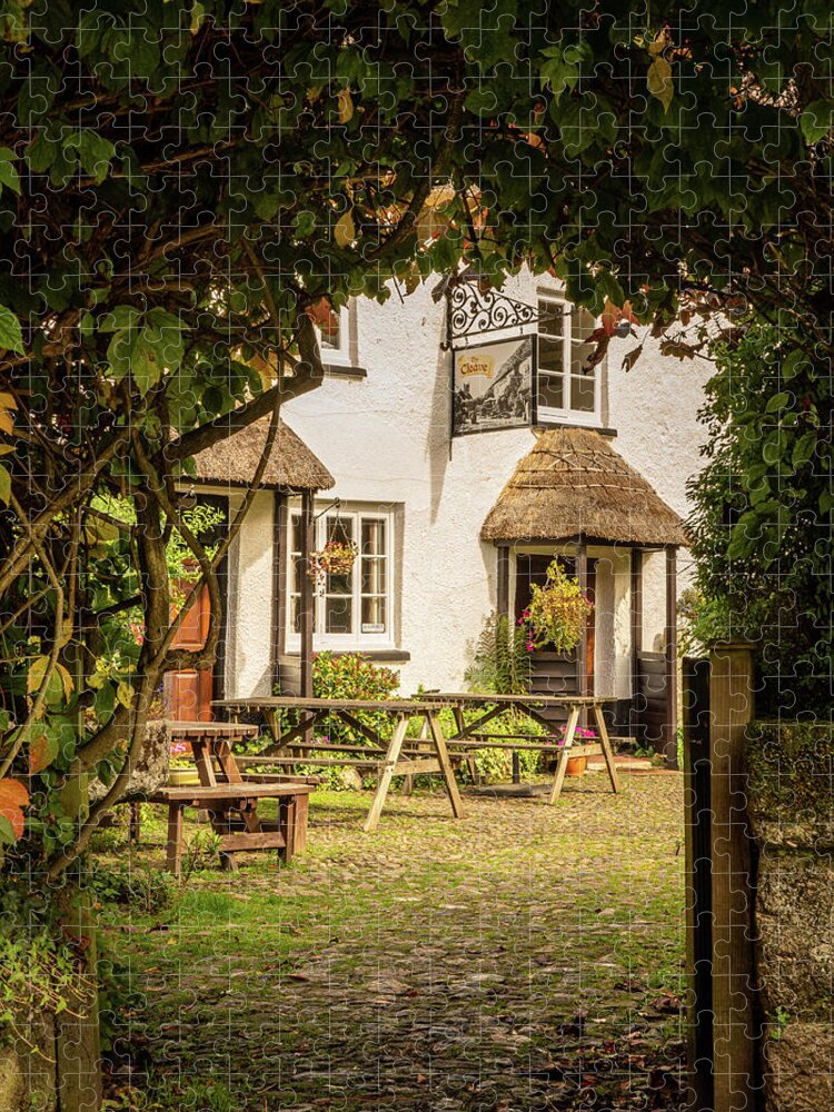 England Jigsaw Puzzle featuring the photograph Thatched pub garden in Lustleigh in Devon by Steven Heap