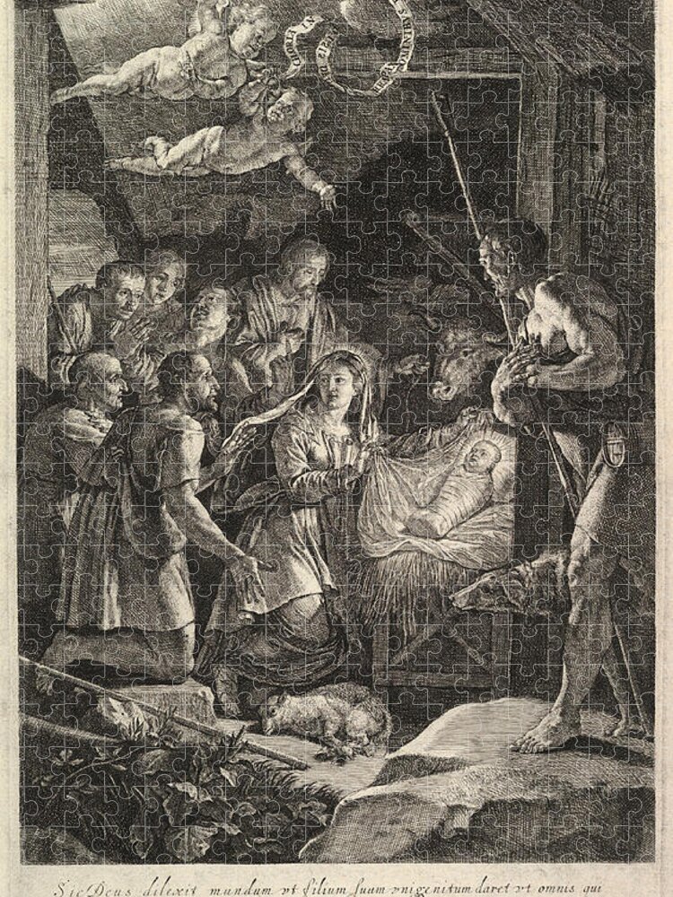 Jean Morin Jigsaw Puzzle featuring the drawing The Adoration of the Shepherds by Jean Morin