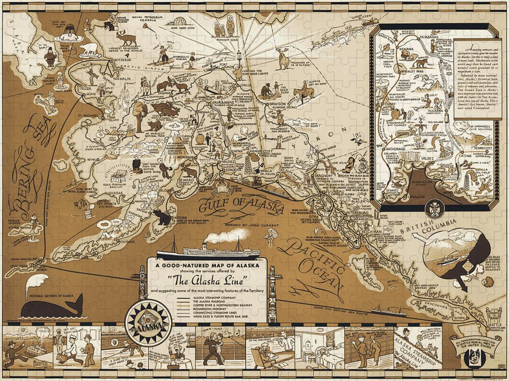 Alaska Map Jigsaw Puzzle featuring the photograph The Alaska Line Vintage Pictorial Map 1934 Sepia by Carol Japp