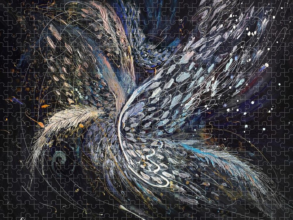 Black Background Jigsaw Puzzle featuring the painting The Angel Wings #15. Digital version 1 by Elena Kotliarker