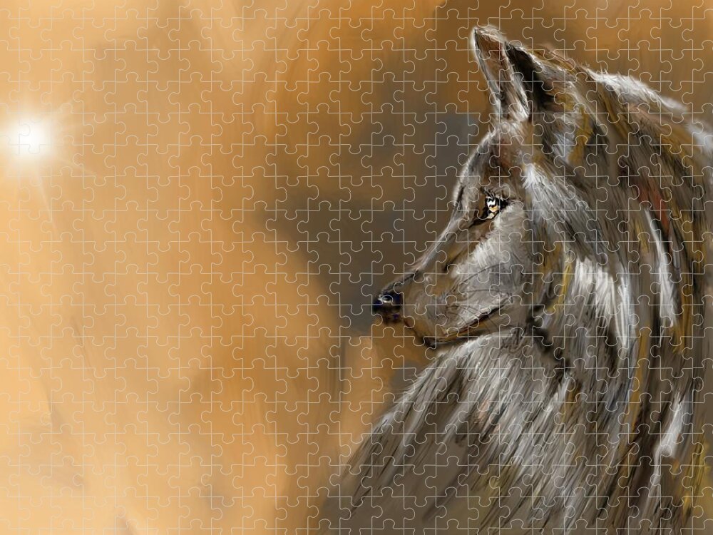 Animal Jigsaw Puzzle featuring the digital art The attentive wolf by Darren Cannell