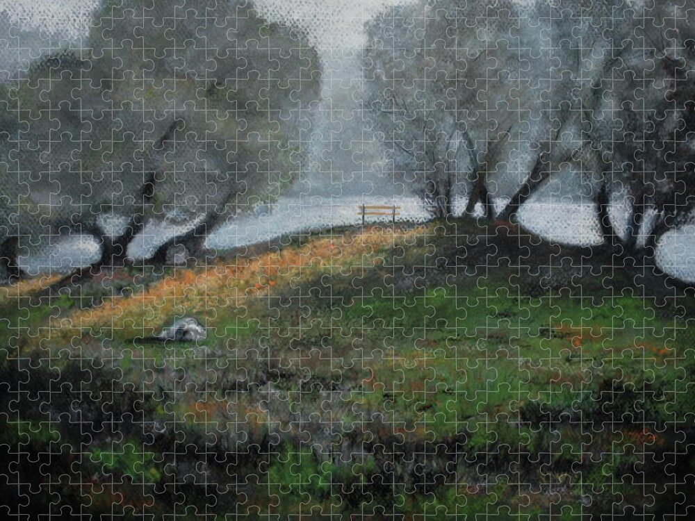 Foggy Day Jigsaw Puzzle featuring the pastel The Bench by Sandra Lee Scott