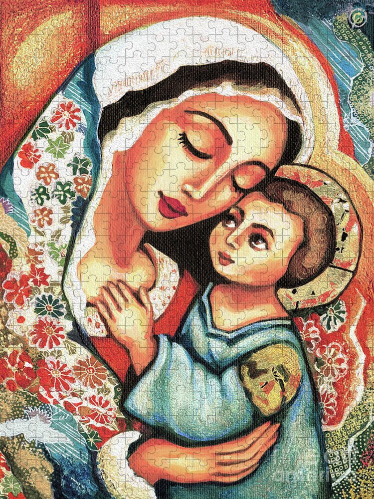 Mother And Child Jigsaw Puzzle featuring the painting The Blessed Mother by Eva Campbell