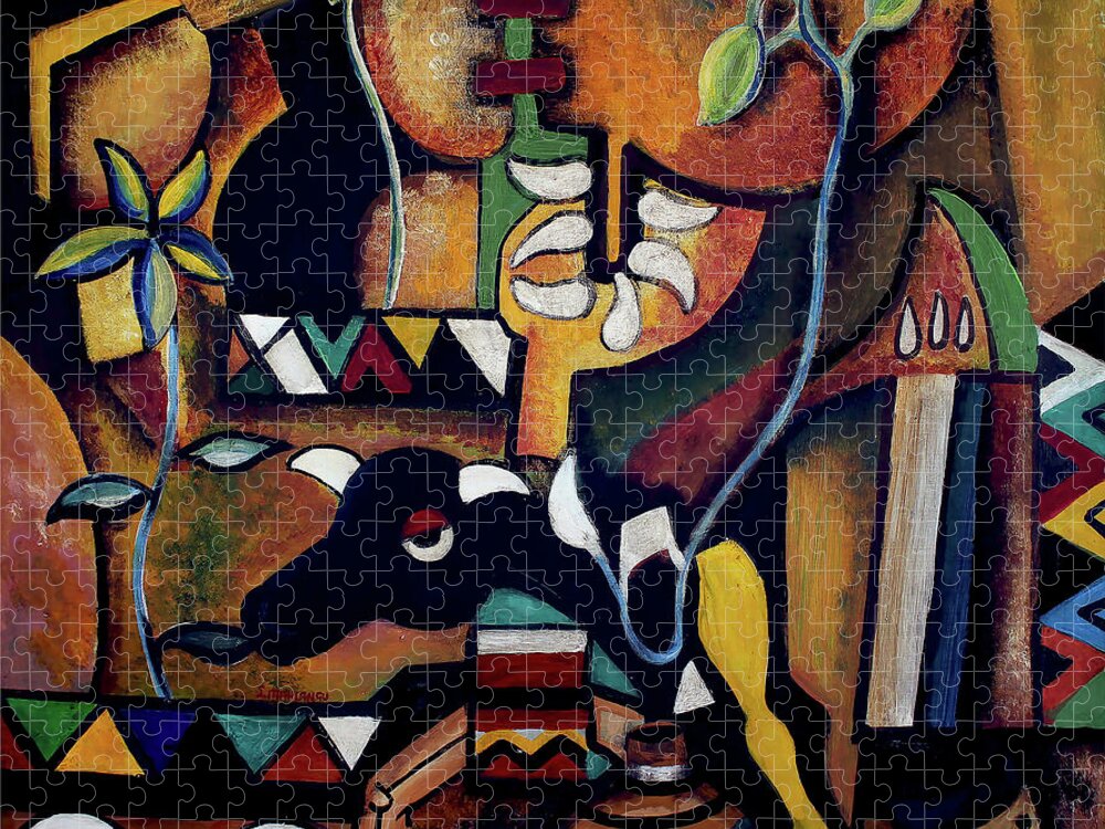 African Art Jigsaw Puzzle featuring the painting The Bull of Peace by Speelman Mahlangu
