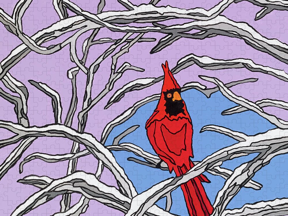 Cardinal Bird Perch Snow Winter Jigsaw Puzzle featuring the painting The Cardinal by Mike Stanko
