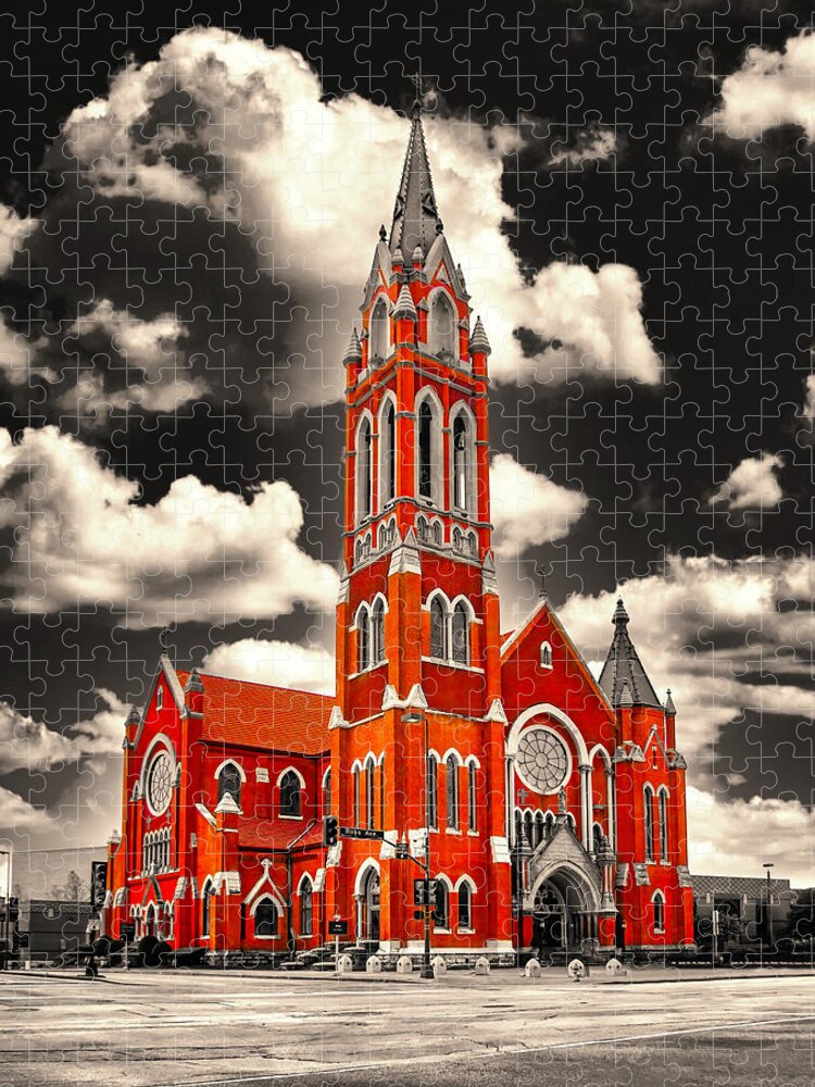 Cathedral Shrine Of The Virgin Of Guadalupe Jigsaw Puzzle featuring the digital art The Cathedral Shrine of the Virgin of Guadalupe in Dallas, Texas, isolated on black and white by Nicko Prints