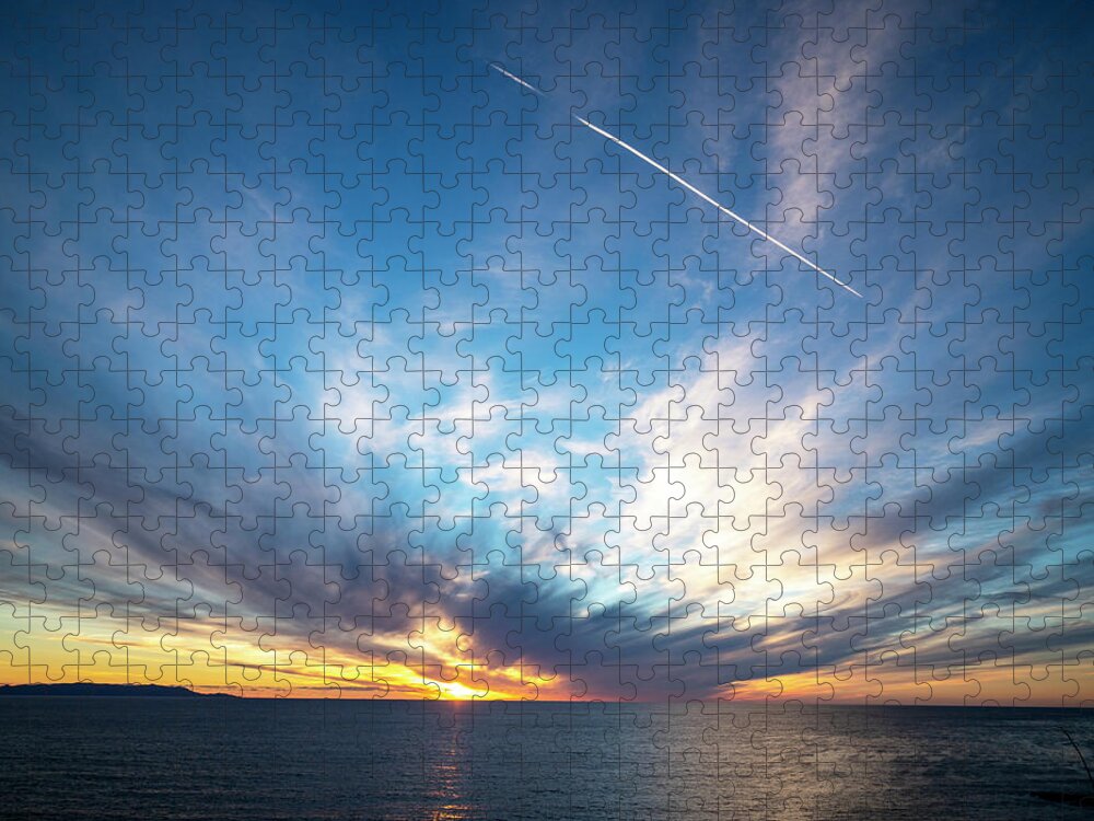 Pacific Ocean Jigsaw Puzzle featuring the photograph The Channel, Clouds, Contrails and Cold by Joe Schofield