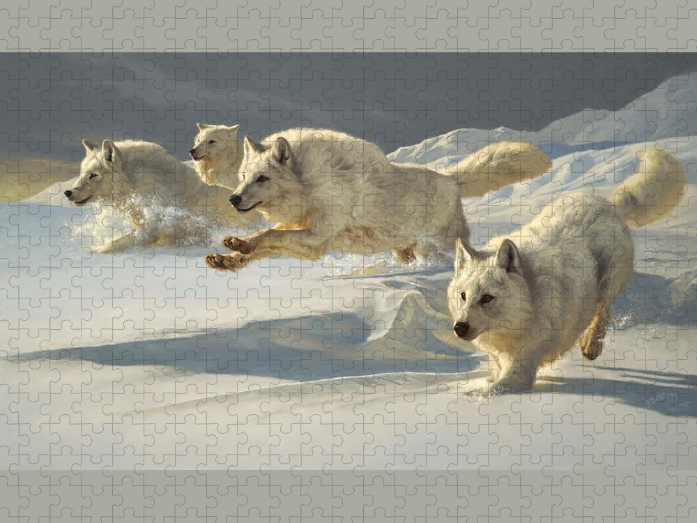 Wolf Wolf Pack Arctic Wolf Alpha Greg Beecham Wildlife Animal Painting Print Oil Painting Oil On Linen Jigsaw Puzzle featuring the painting The Chase by Greg Beecham