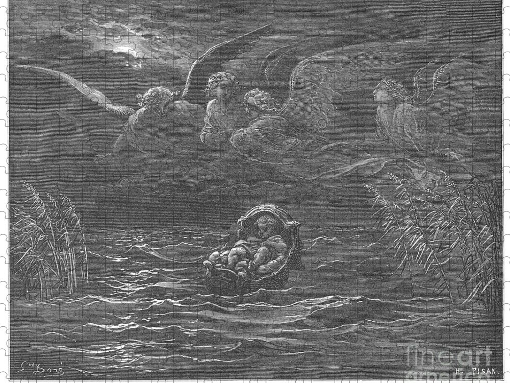 Child Jigsaw Puzzle featuring the drawing The Child Moses on the Nile by Gustave Dore v1 by Historic illustrations