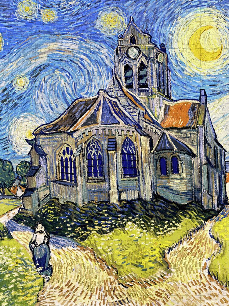 Van Gogh Jigsaw Puzzle featuring the digital art The Church at Auvers on a Starry Night - digital recreation by Nicko Prints