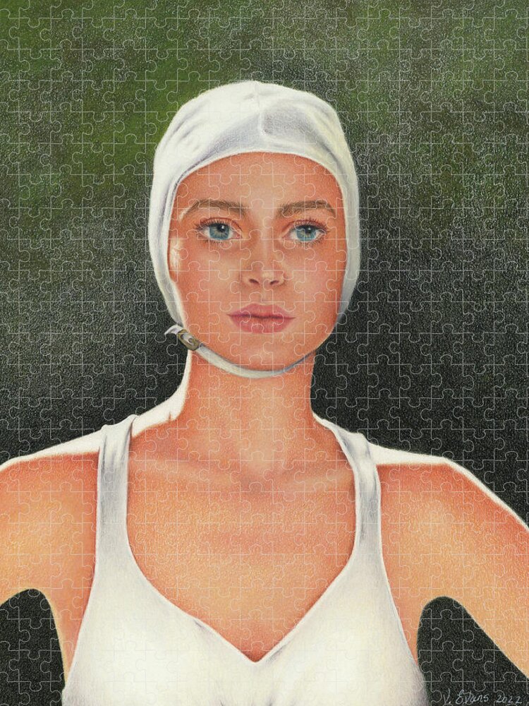 Swimming; Competition; Diving; Vintage Swimwear; Bathing Beauties; White Bathing Cap; White Swimsuit; Blue Eyes Jigsaw Puzzle featuring the painting The Competition by Valerie Evans