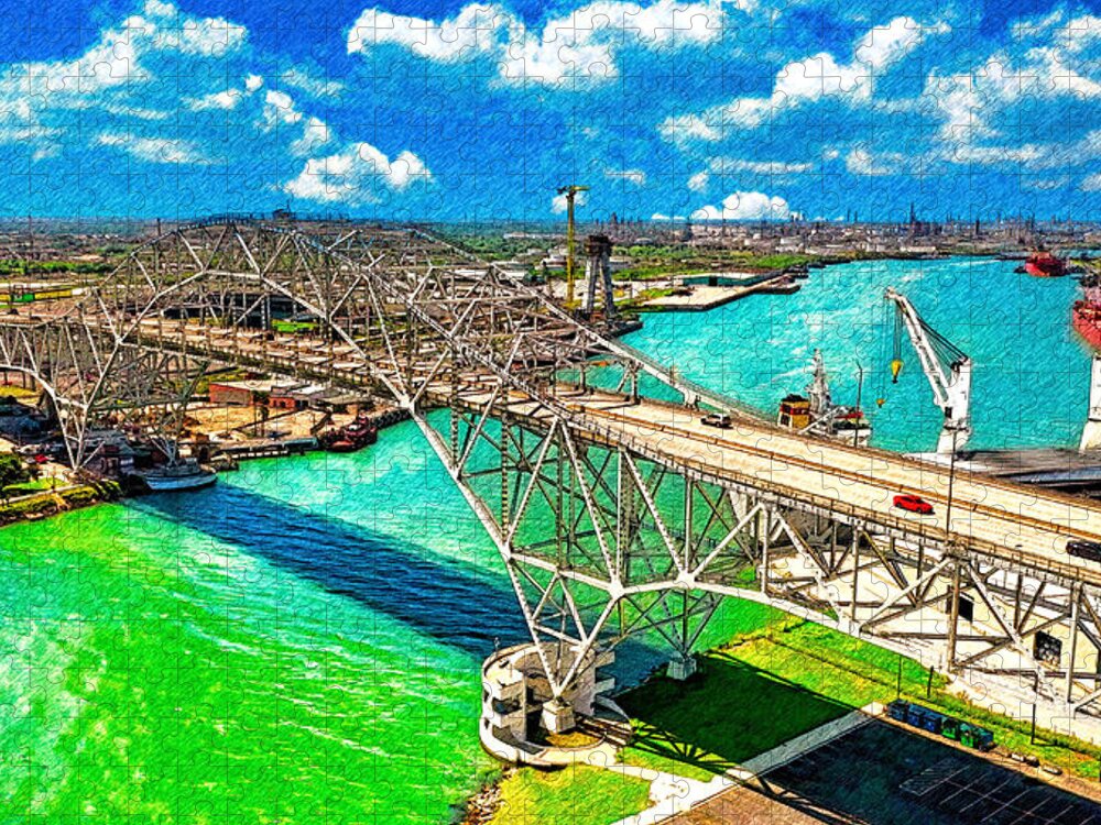 Corpus Christi Harbor Bridge Jigsaw Puzzle featuring the digital art The Corpus Christi Harbor Bridge - pencil sketch effect by Nicko Prints