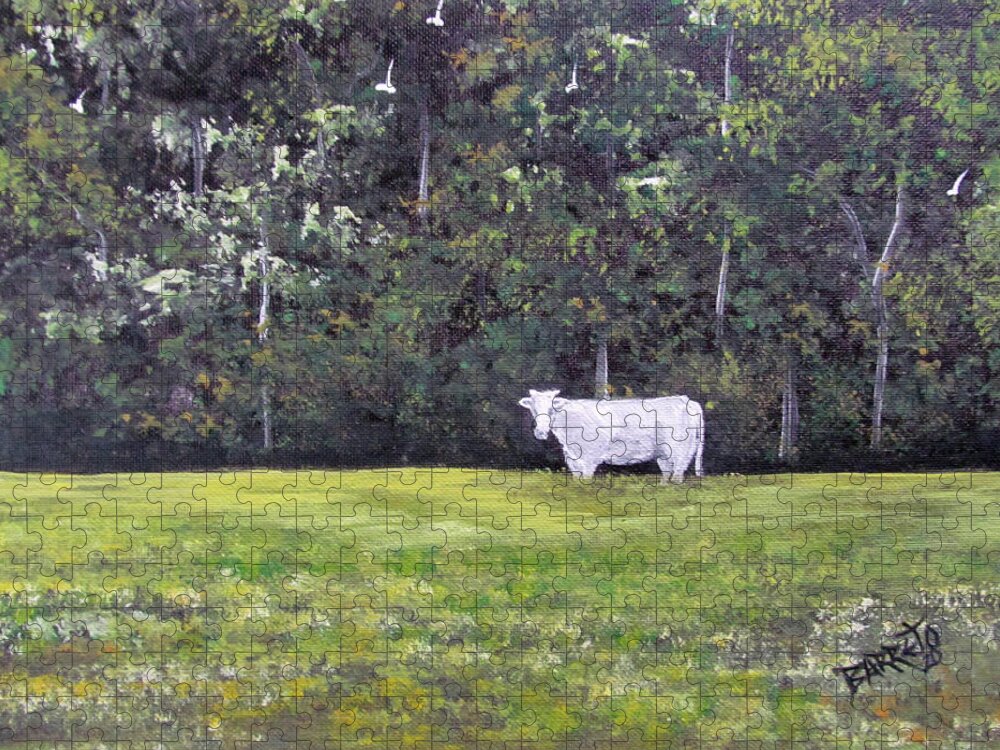 Cow Jigsaw Puzzle featuring the painting The Cow by Gloria E Barreto-Rodriguez
