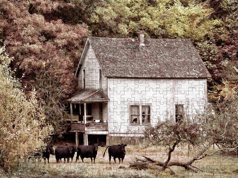 American Jigsaw Puzzle featuring the photograph The Cows Came Home in Vintage Tones by Debra and Dave Vanderlaan