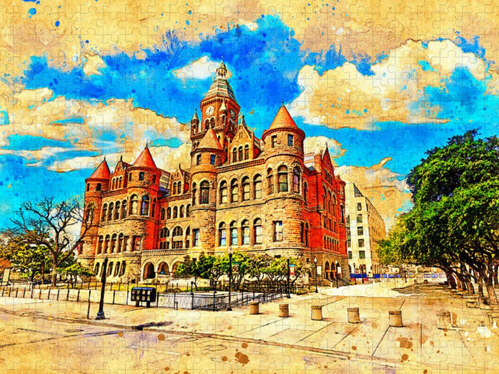 Dallas County Courthouse Jigsaw Puzzle featuring the digital art The Dallas County Courthouse - digital painting with a vintage look by Nicko Prints