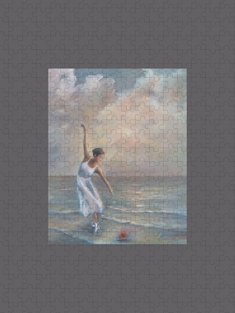 Ballerina Paintings Jigsaw Puzzle featuring the painting The dance of the ballerina by the sea by Katalin Luczay
